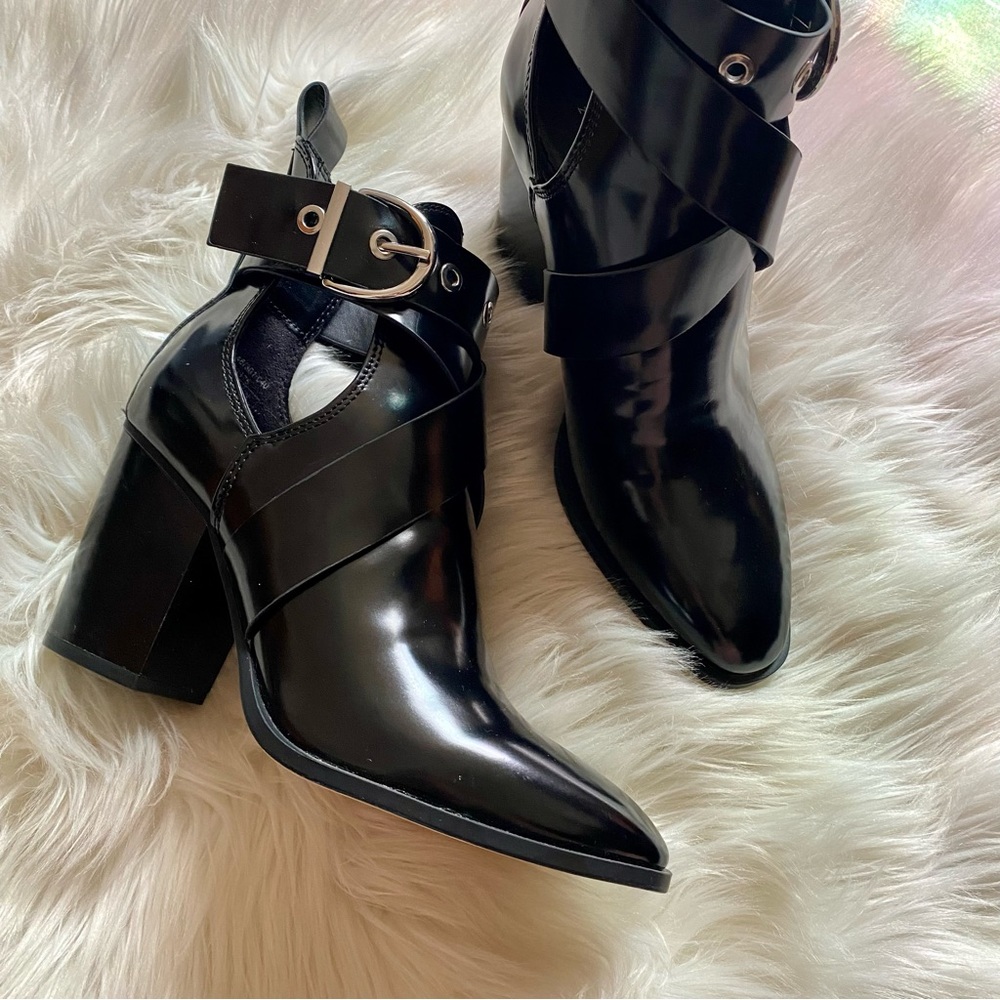 Zara Woman Black Vegan Open Side Wrap Buckle Heeled Booties